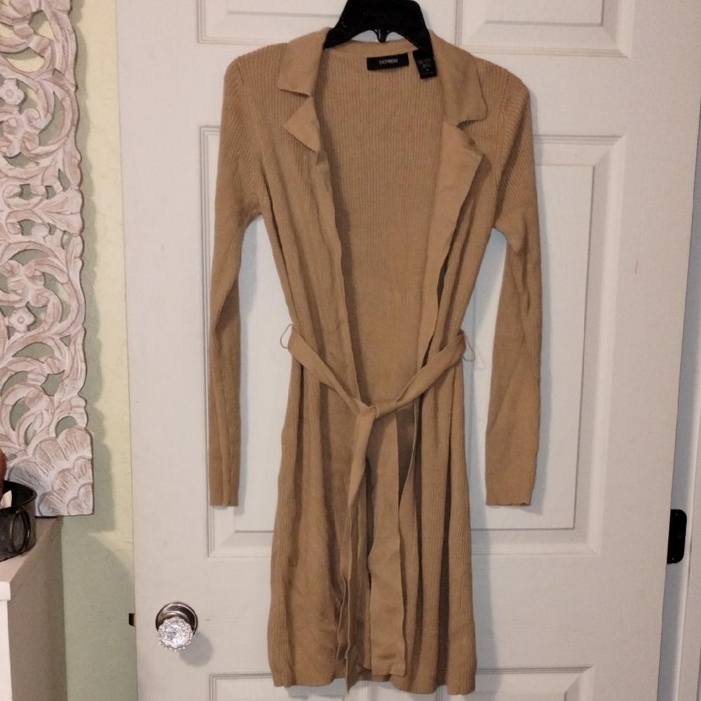 Express Tan Knit Cardigan Sweater with Tie Belt Circa 2008